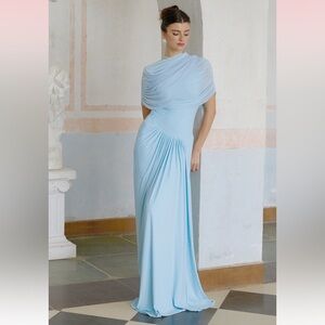 Catherine Asymmetrical Pleated Maxi Dress in Baby-blue